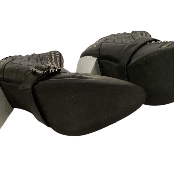 Ankle Boots Women Black Leather Bull Studded Skull Buckle Silver Block Heel Sz 8 - Picture 5 of 6